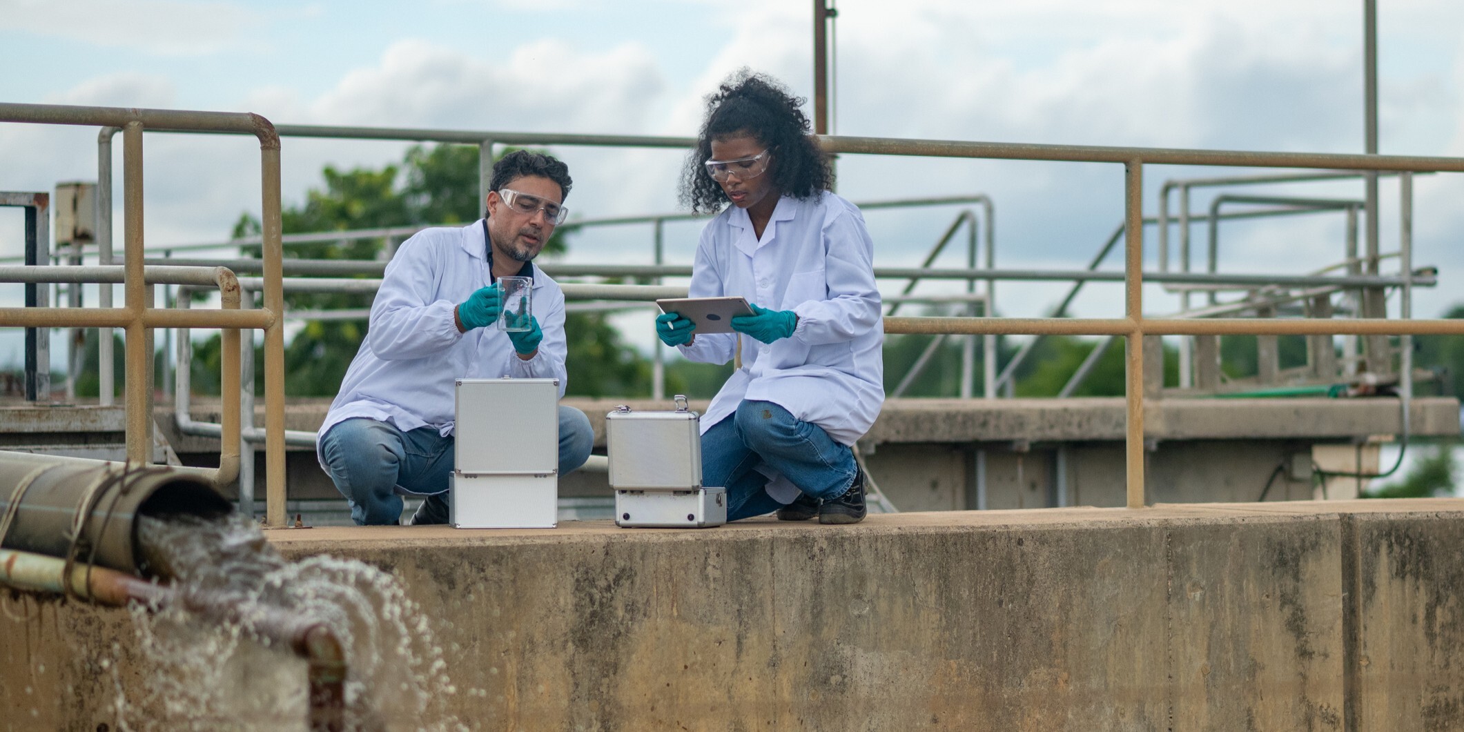 Two individuals in lab coats kneeling on a concrete wall near a water pipe, holding water testing kits.